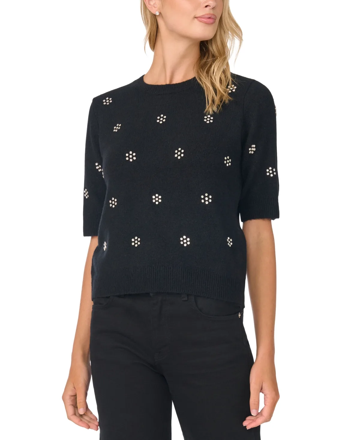 Short-Sleeve Crewneck Embellished Sweater