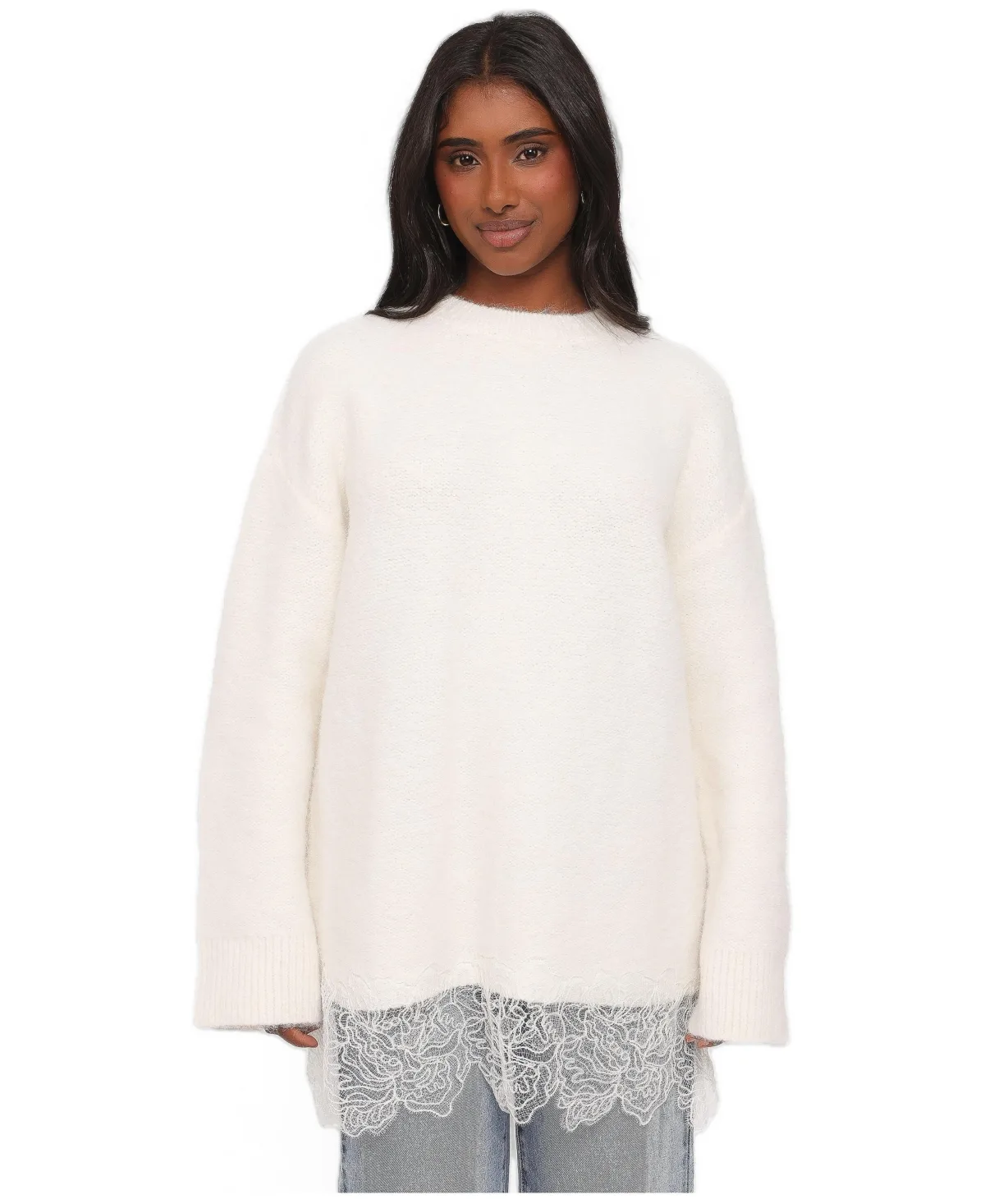 Zela Oversized Lace-Trimmed Crewneck Pullover Sweater by Petal and Pup