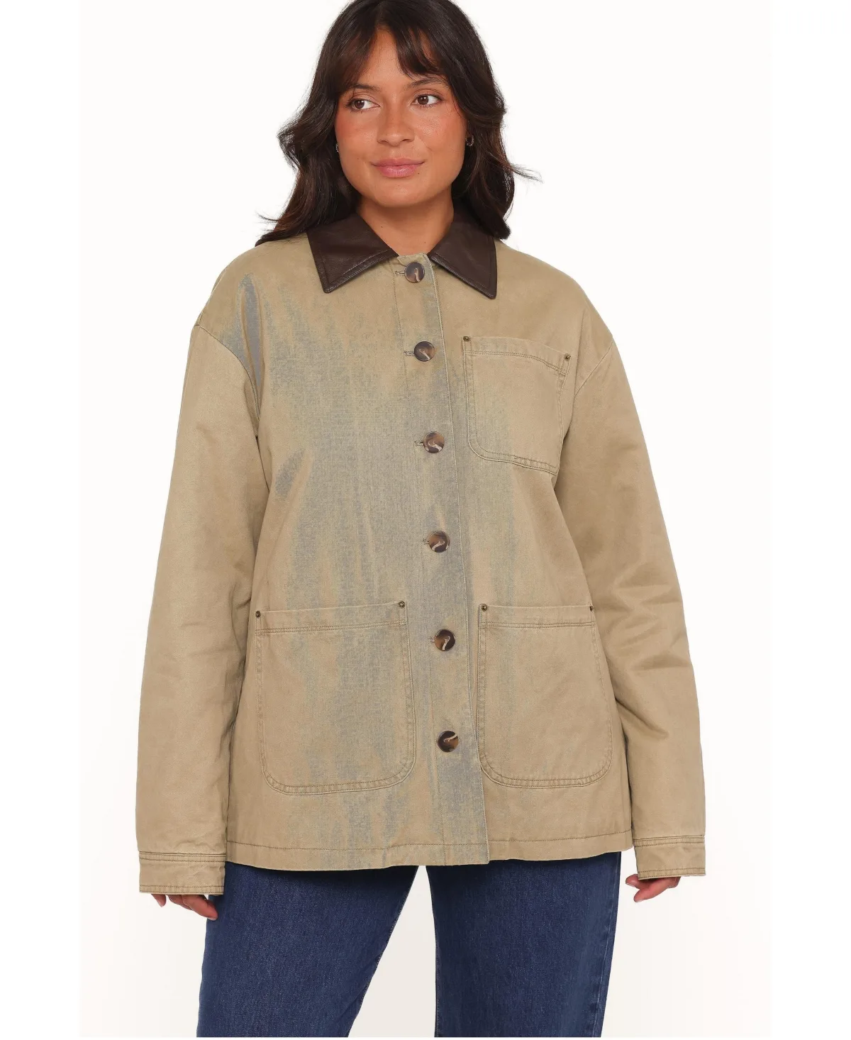 Elliot Contrast-Collar Lined Faux Leather-Trim Barn Jacket by Petal and Pup