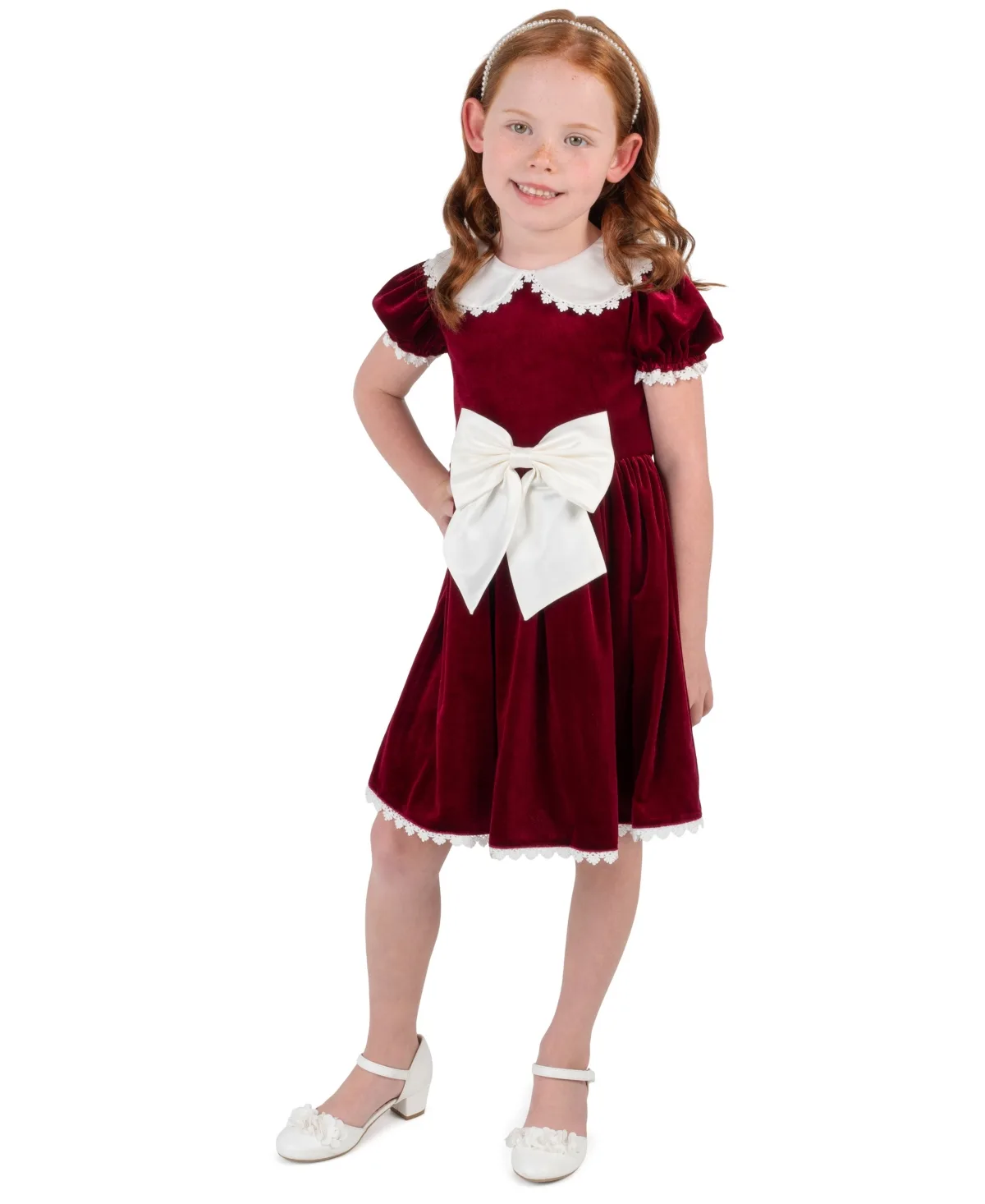 Peter Pan Collar Puff-Sleeve Velvet Dress by Rare Editions