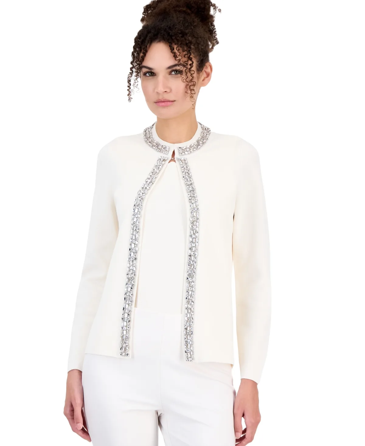Embellished Long-Sleeve Scoop Neck Cardigan