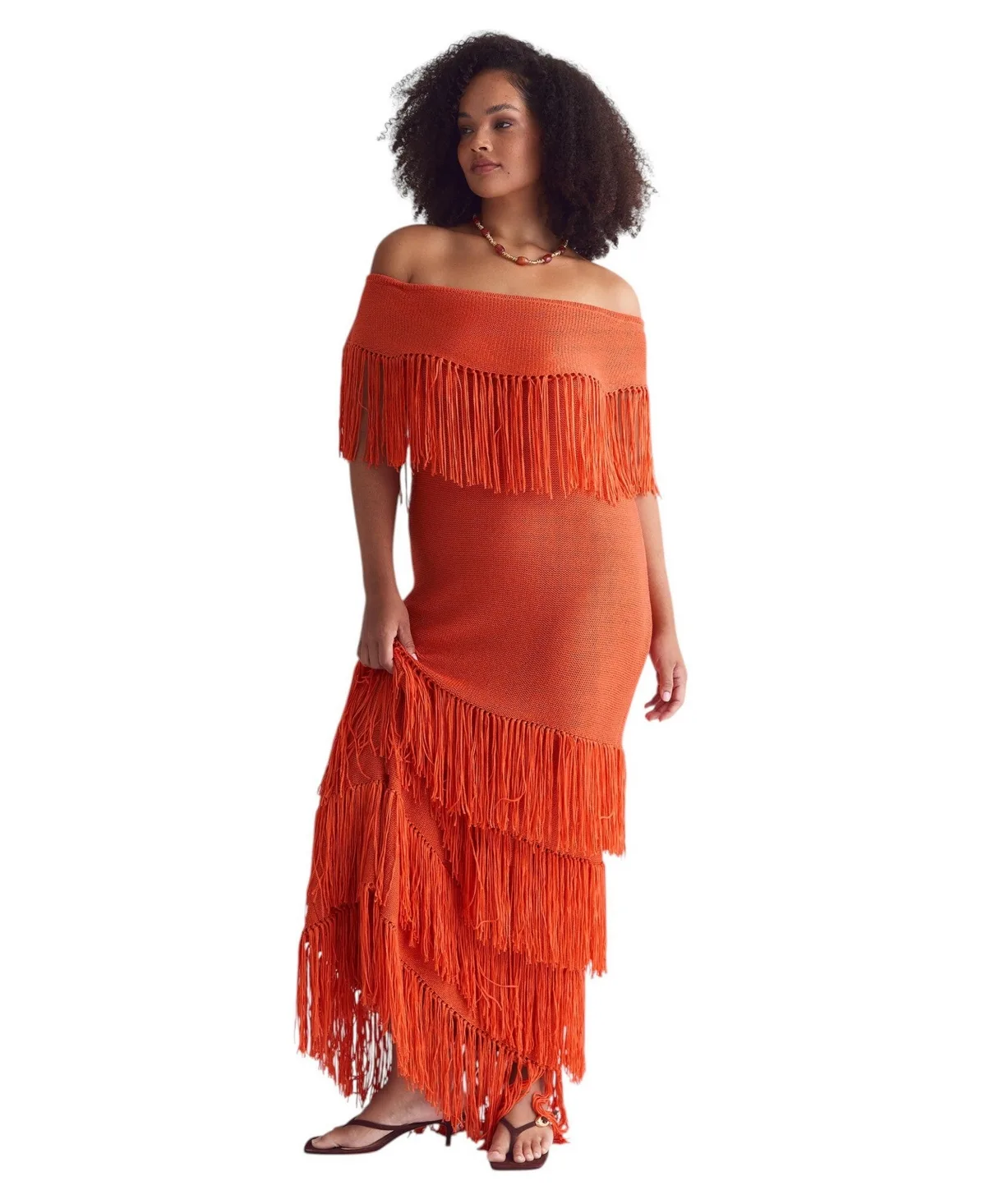 Off-Shoulder Tiered Fringe Textured-Knit Sweater Dress by June & Vie