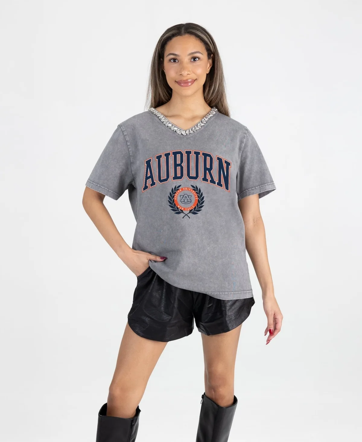 Auburn Tigers Iconic Edge Rhinestone V-Neck T-Shirt