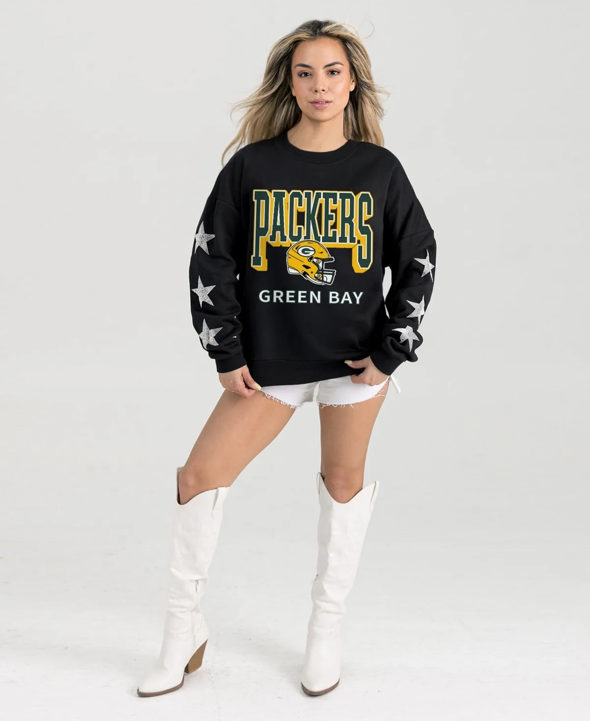 Green Bay Packers Pure Victory Rhinestud Star-Sleeve Pullover Sweatshirt