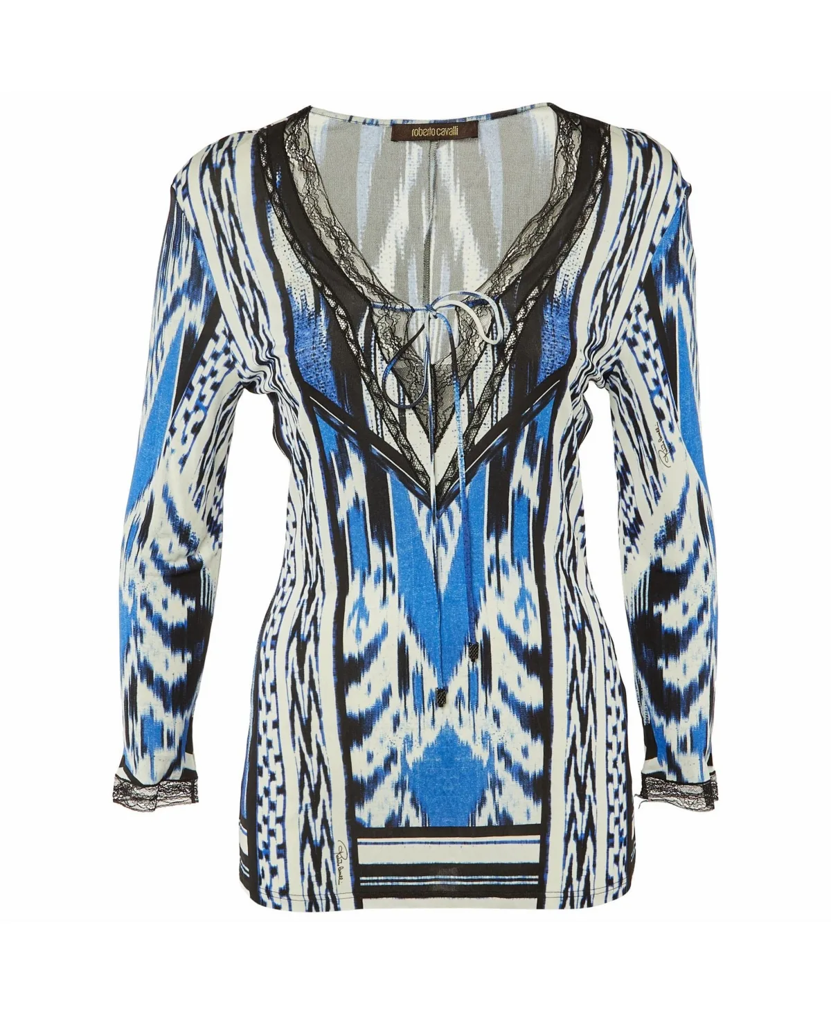 Pre-Owned Ikat Print Lace-Trim Jersey Top by Roberto Cavalli
