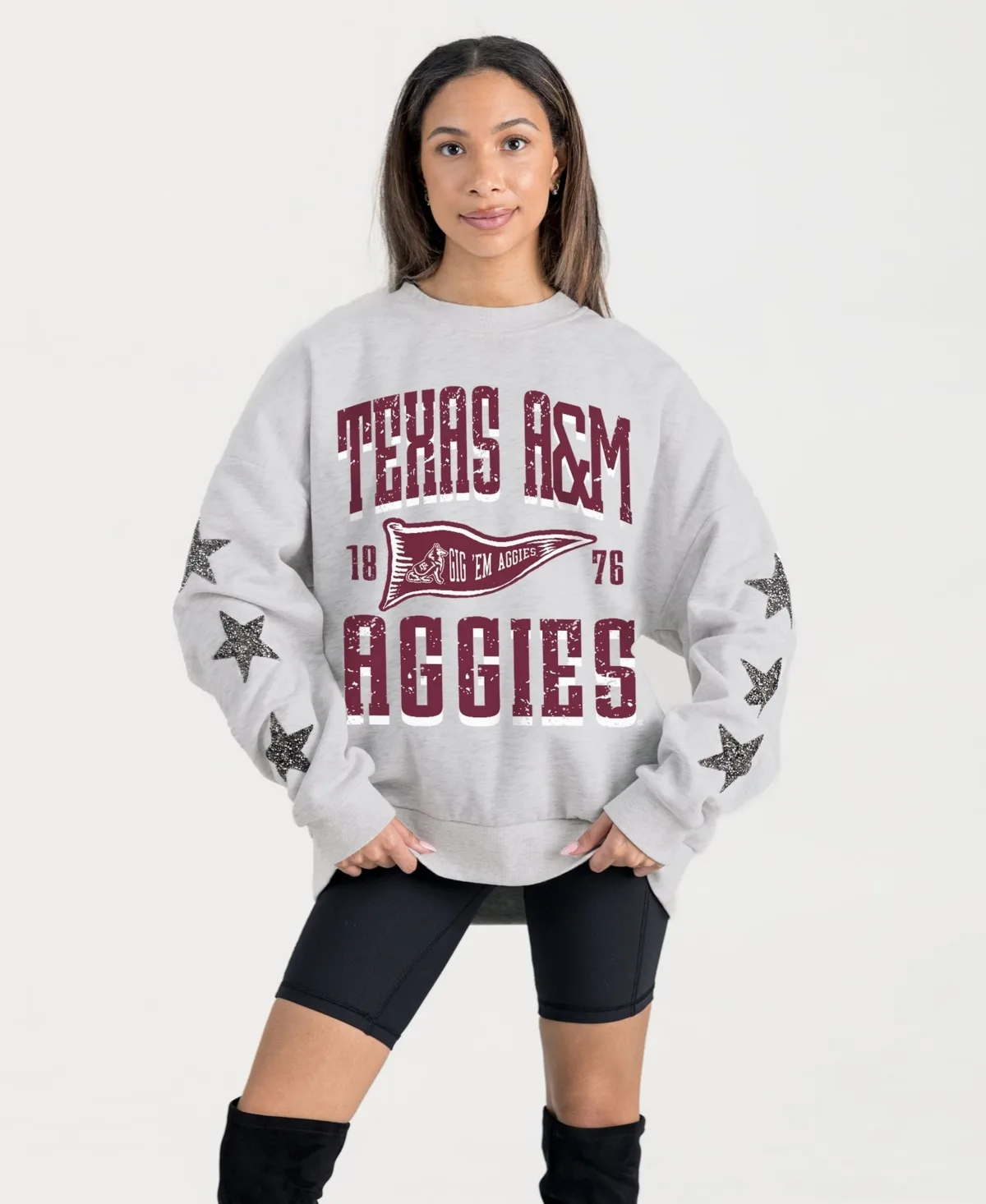 Texas A&M Aggies Oversized Pennant Pride Rhinestone Star Sleeve Sweatshirt
