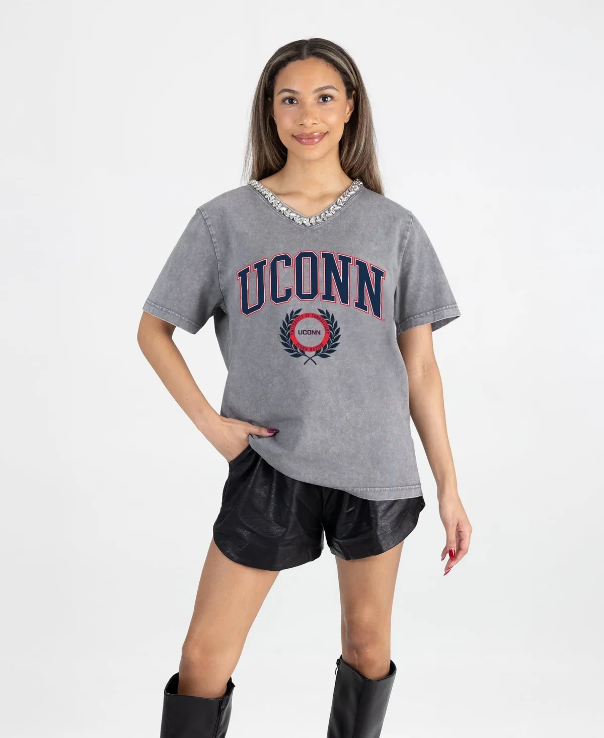 UConn Huskies Iconic Edge Rhinestone V-Neck T-Shirt by Gameday Couture