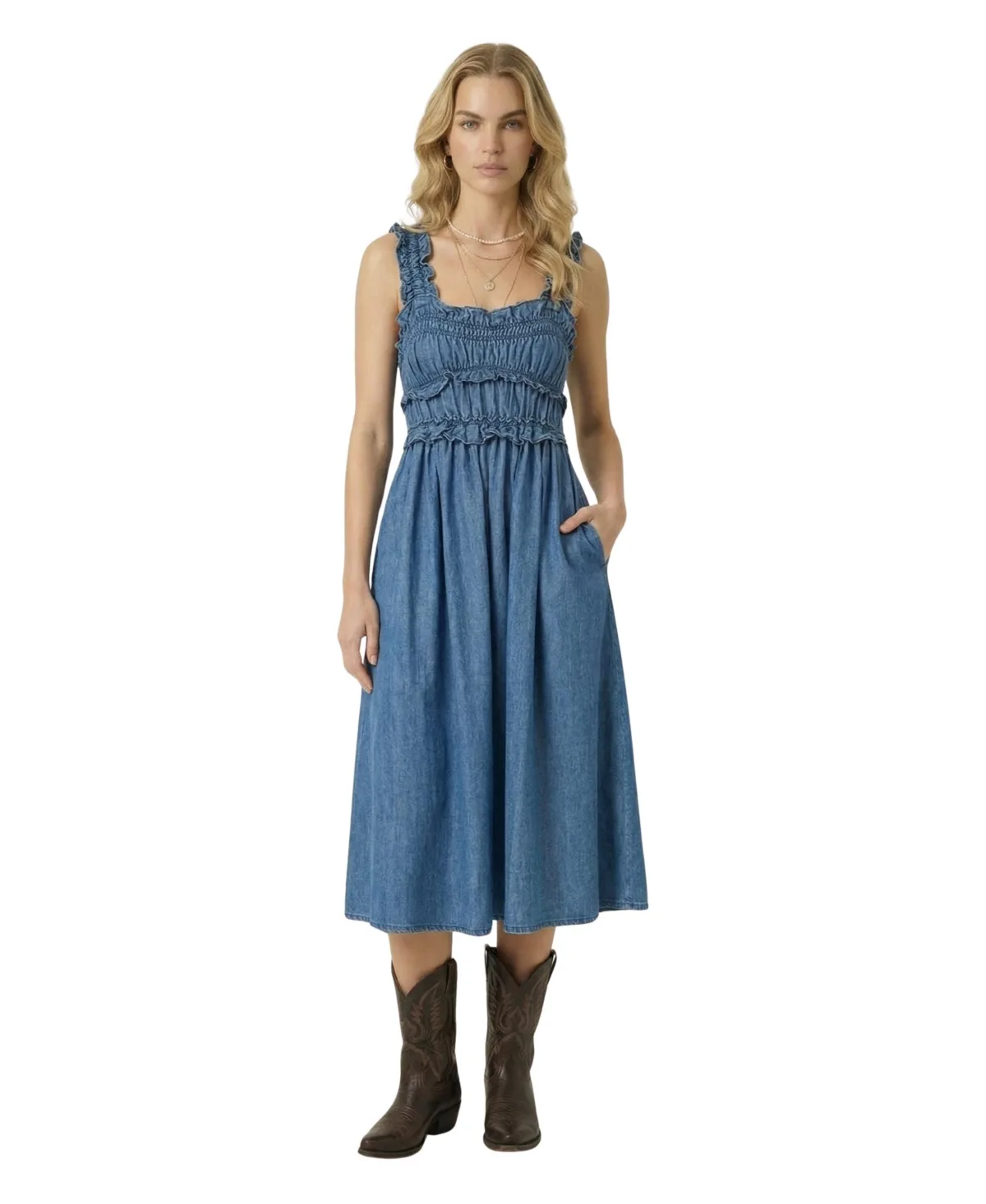 Smocked Ruffle Strap Gathered Square Neck A-Line Midi Dress by Modenaire