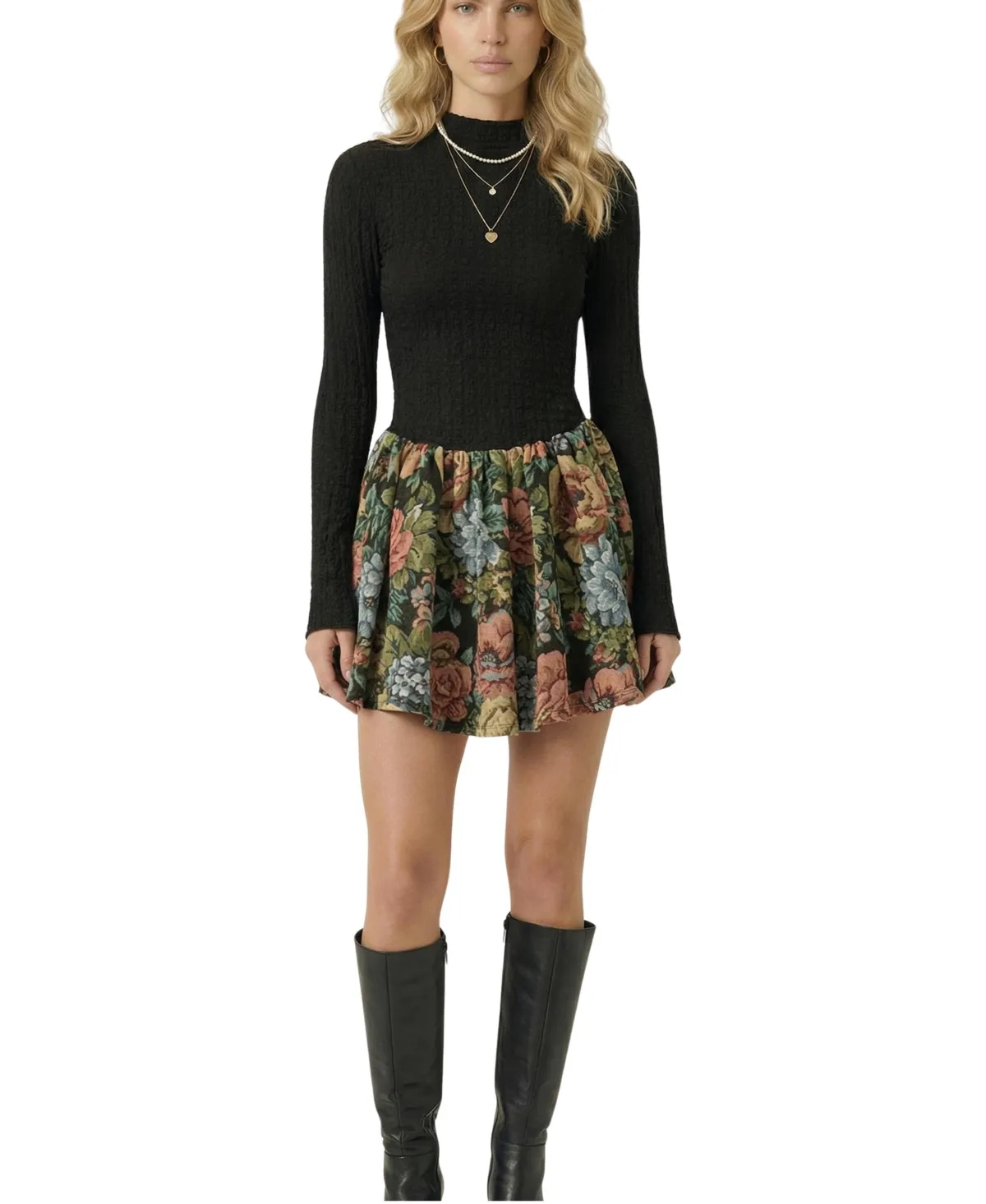 Long-Sleeve Fit & Flare Floral-Print Mini Dress by Modenaire
