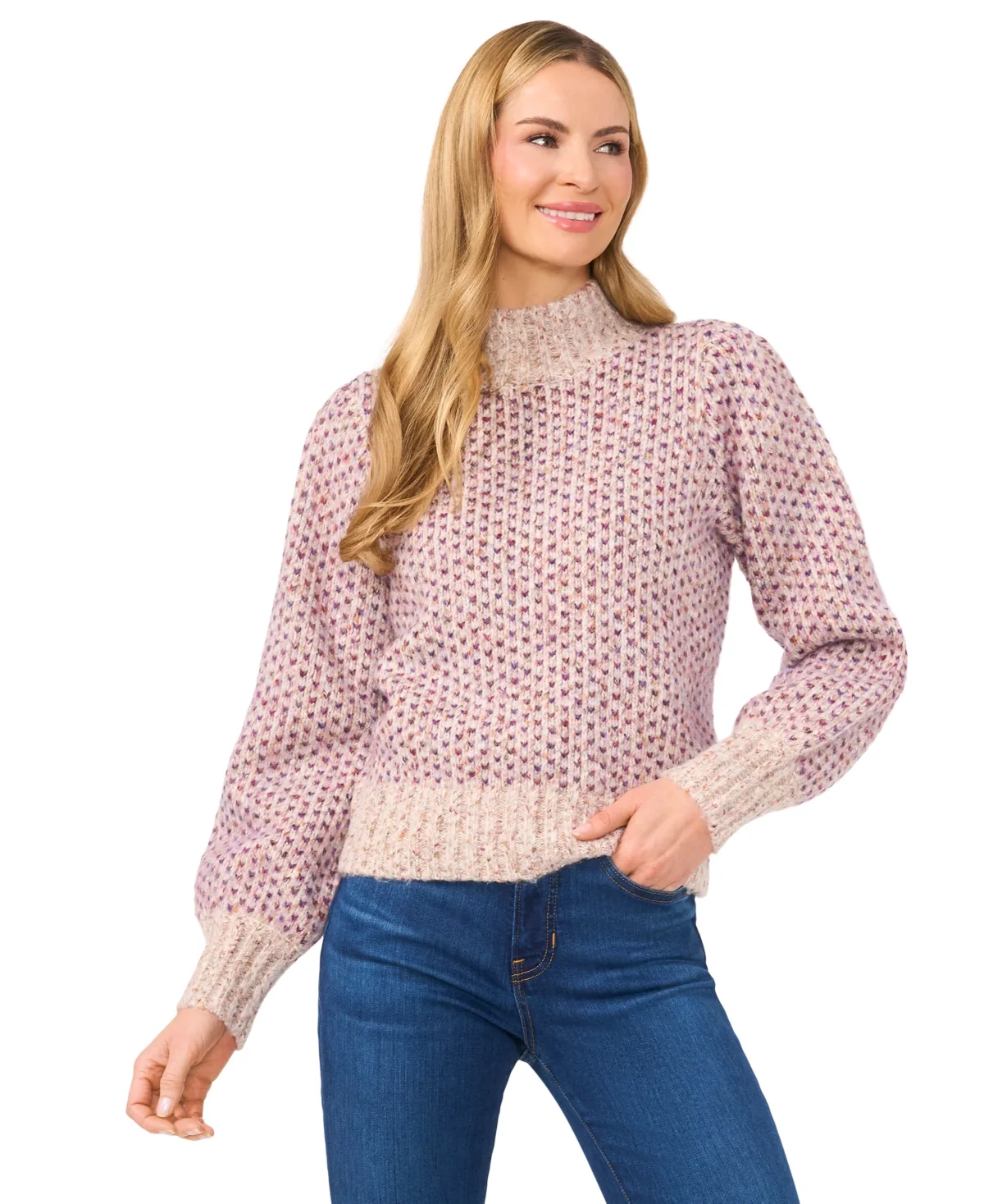 Marled Blouson Sleeve Jacquard Knit Mock Neck Sweater by CeCe