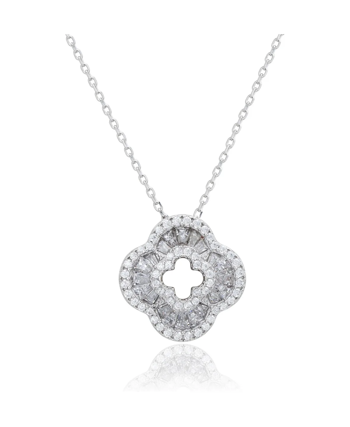 Sterling Silver Cubic Zirconia Baguette Pave Flower Clover Pendant Necklace