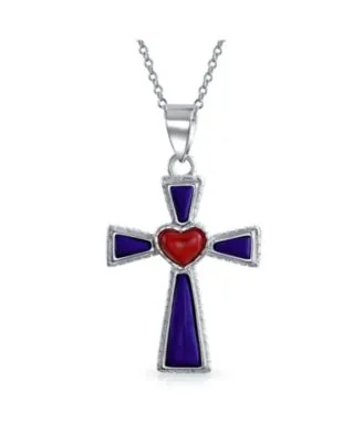 Lapis Heart Religious Cross Necklace Pendant by Bling Jewelry