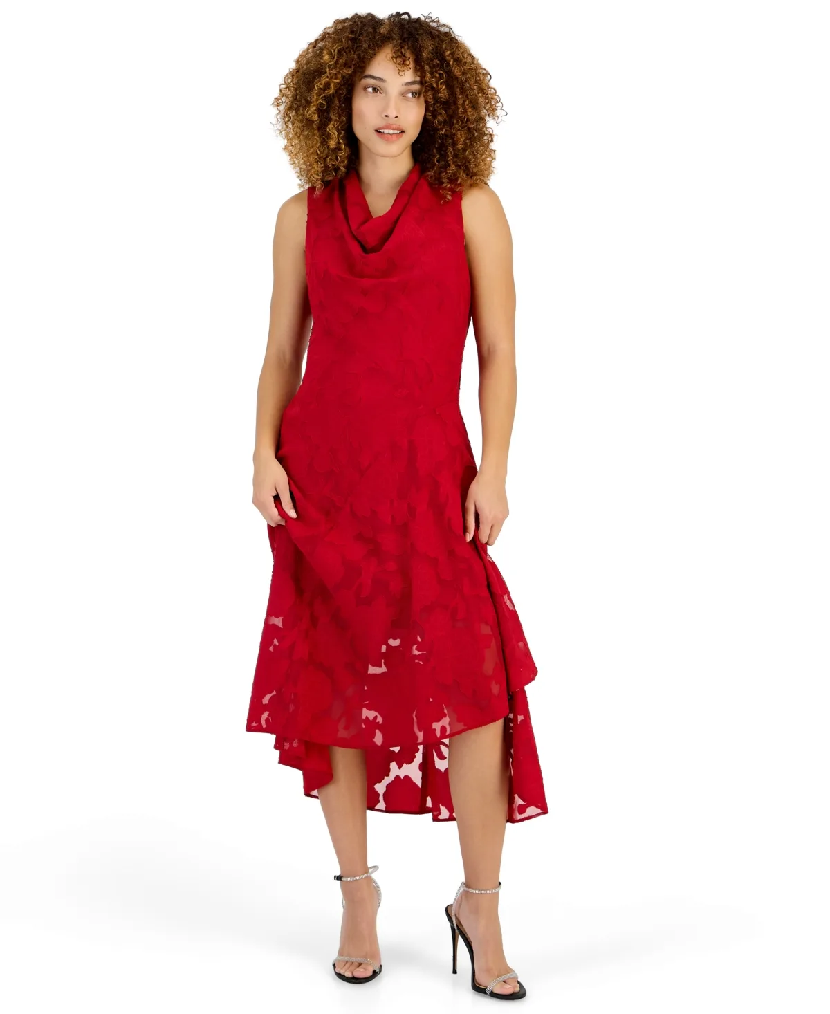 Burnout Drape Cowl-Neck Fit & Flare High-Low Hem Chiffon Dress by Robbie Bee