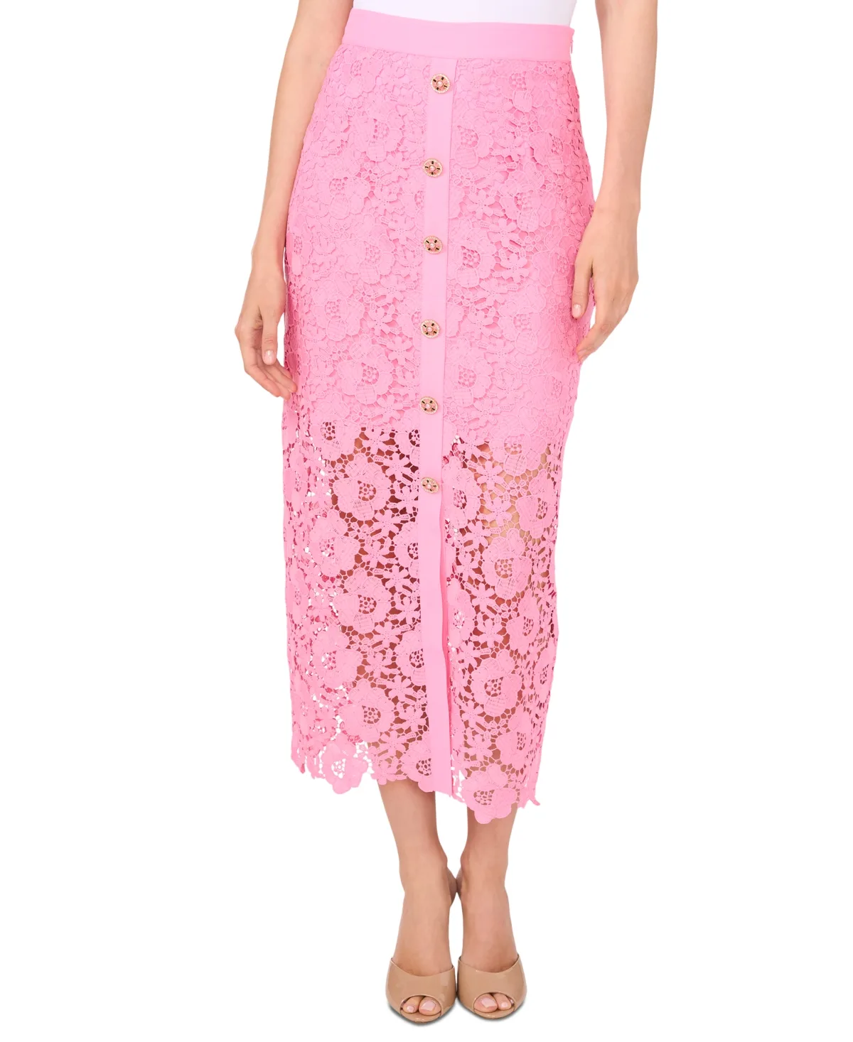 Lace Button-Detail Midi Skirt by CeCe