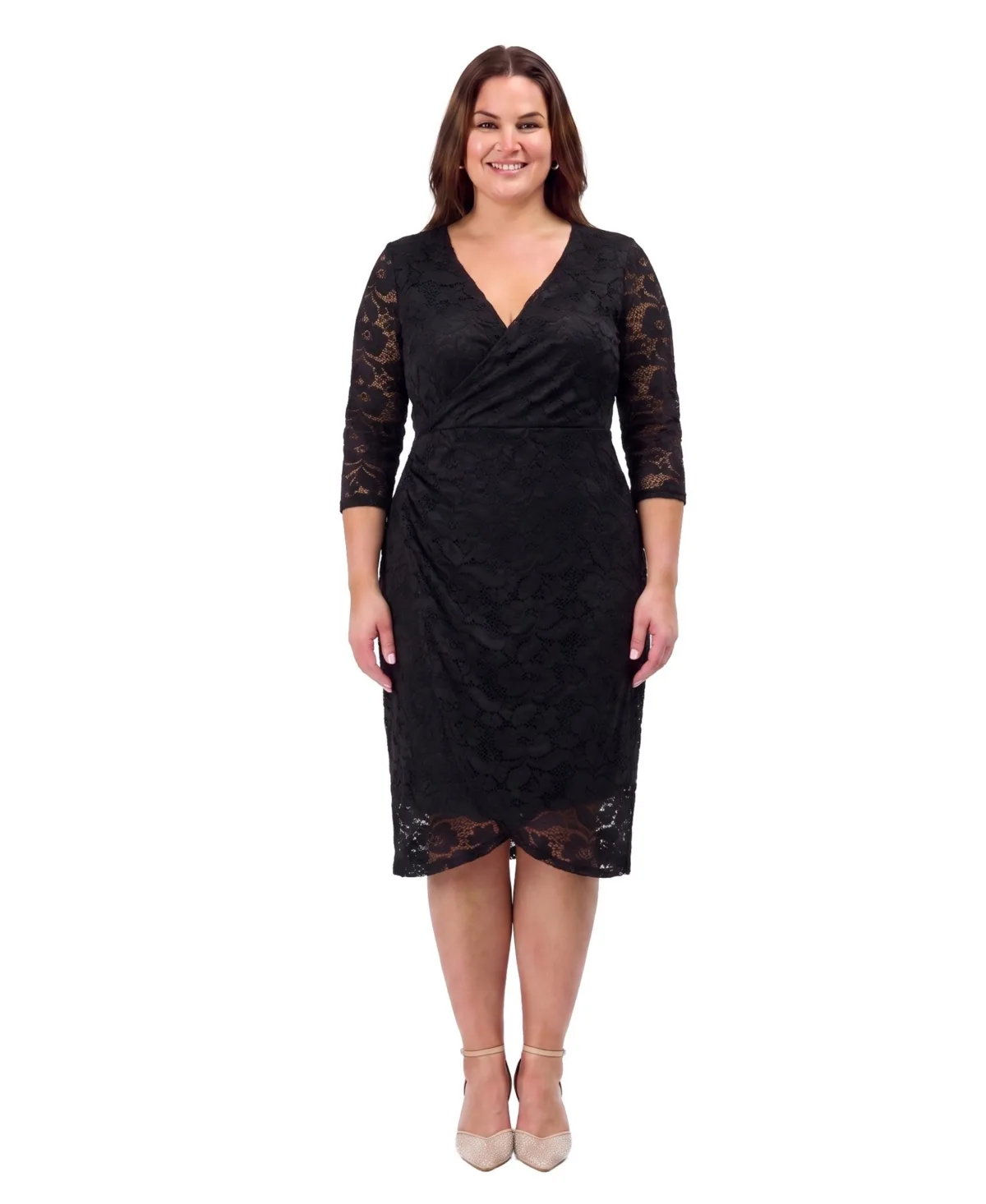 Lace Floral-Print V-Neck 3/4-Sleeve Wrap Dress