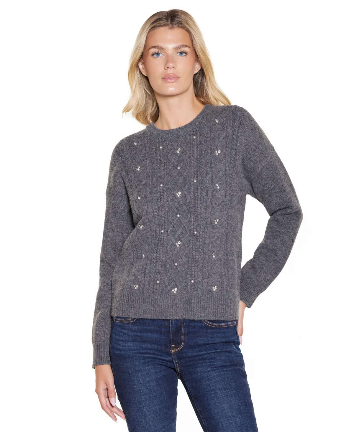 Cable-Knit Embellished Crewneck Pullover Sweater