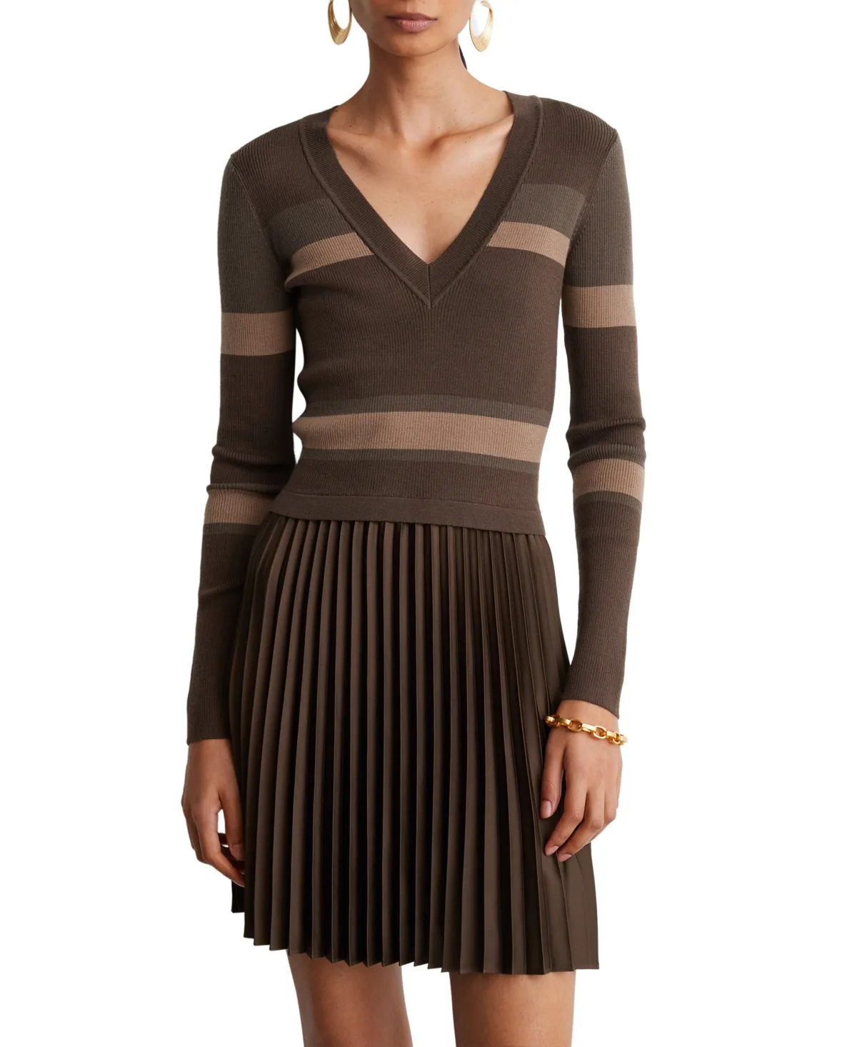 V-Neck Long-Sleeve Striped Wool-Blend Sweater Dress by Reiss