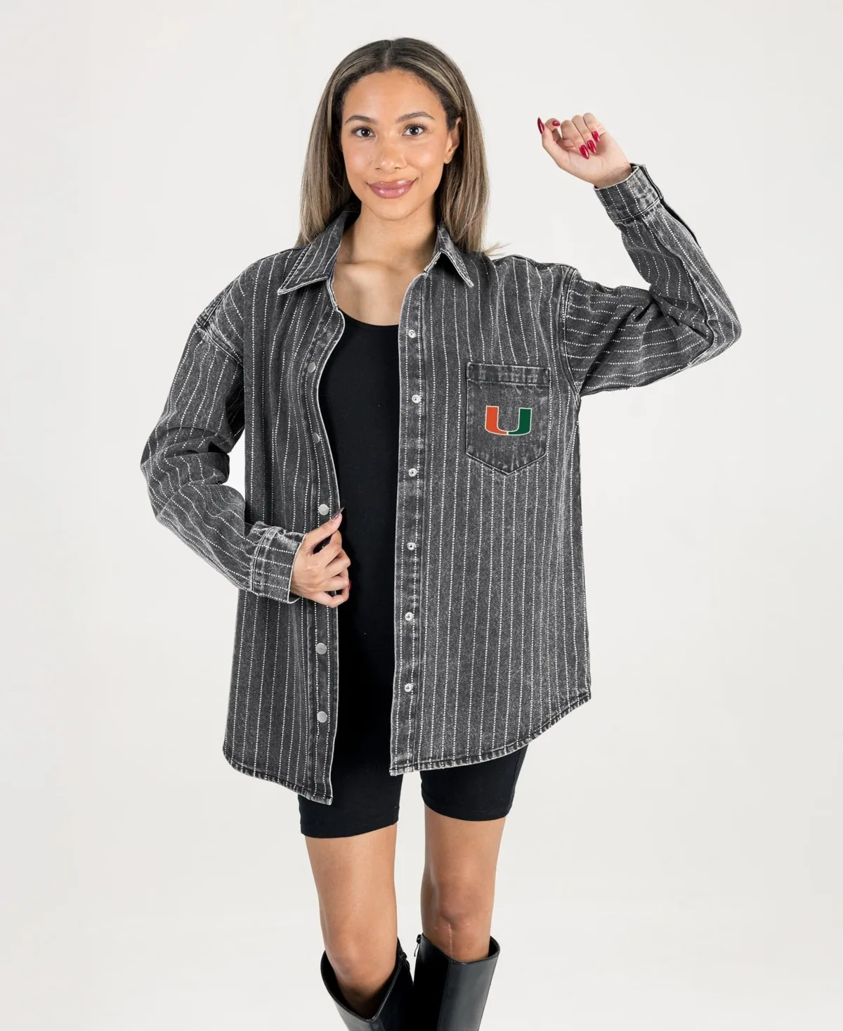 Miami Hurricanes Oversized Styles the Limit Micro-Rhinestone Stripe Washed Denim Button Up Overshirt by Gameday Couture