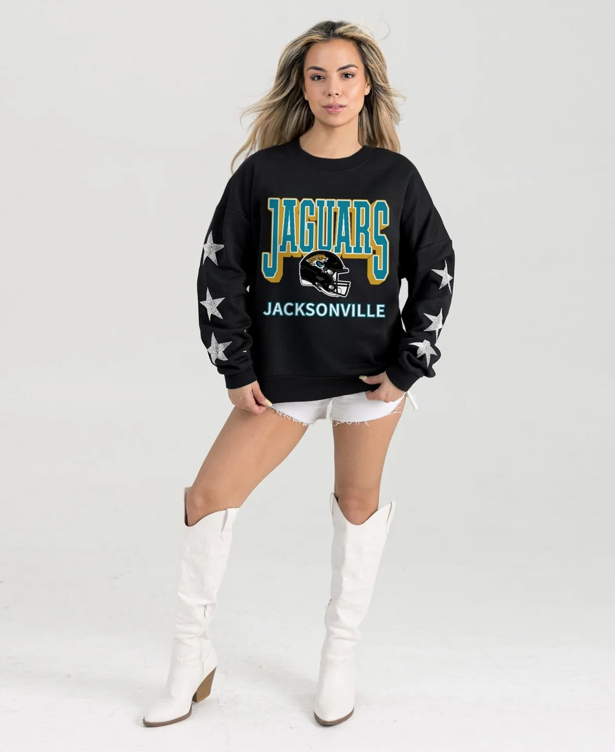 Jacksonville Jaguars Pure Victory Rhinestud Star-Sleeve Pullover Sweatshirt