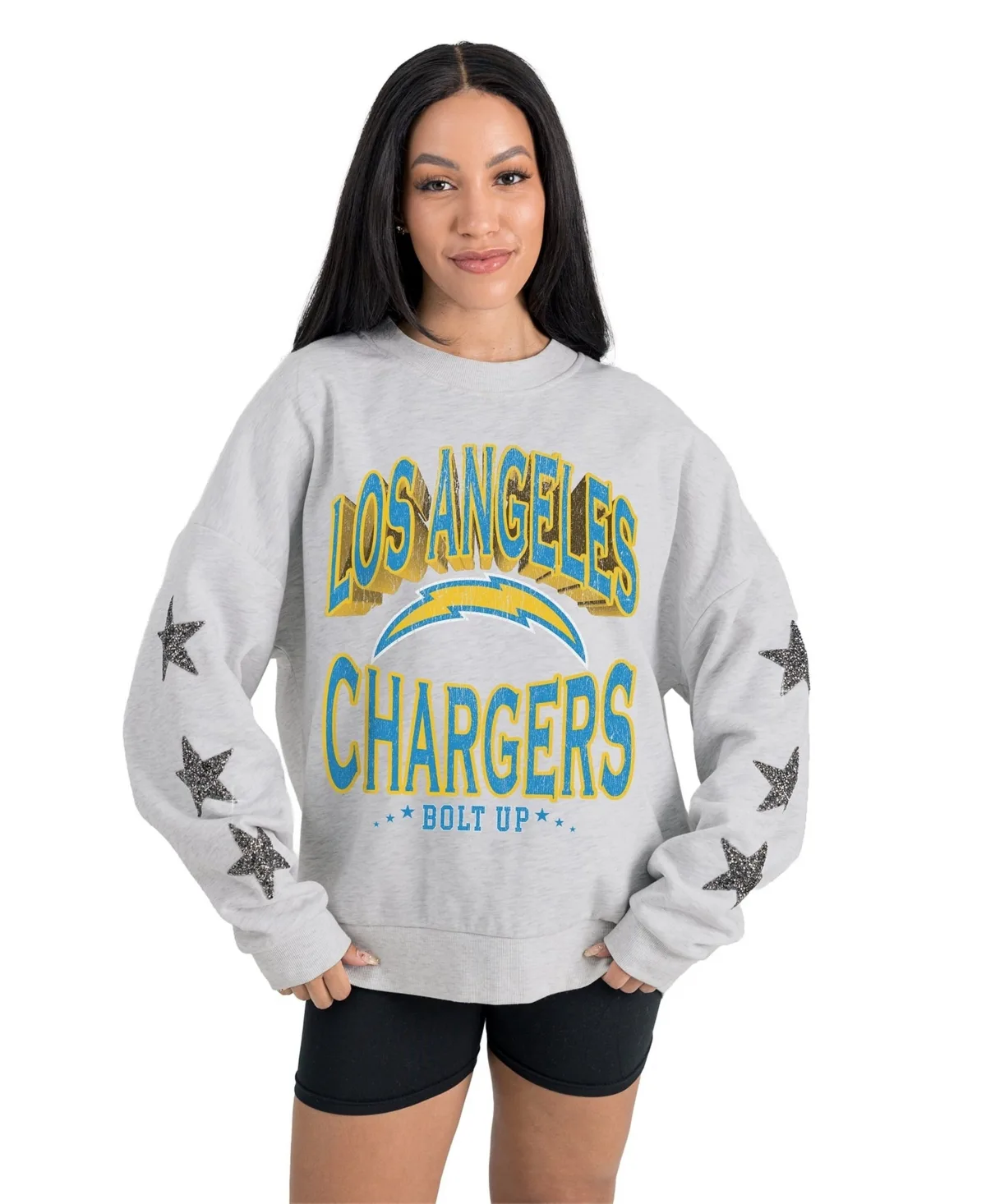 Los Angeles Chargers Resilience Relaxed Rhinestone Pullover Sweatshirt