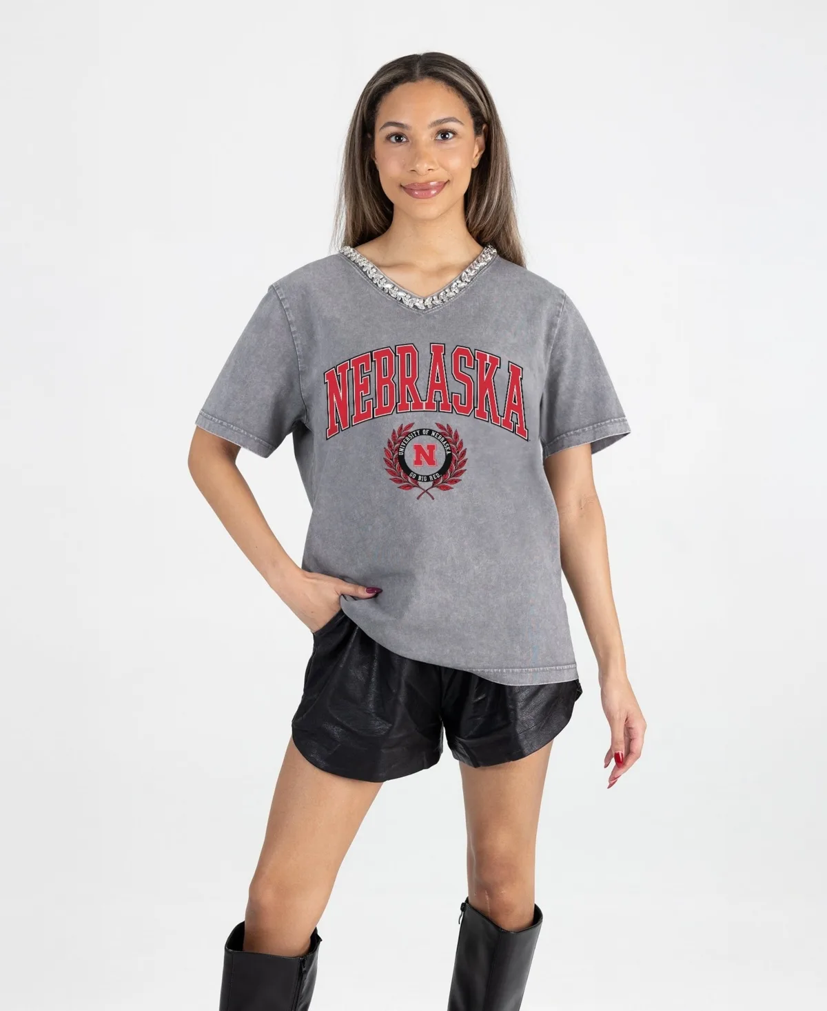 Nebraska Huskers Iconic Edge Rhinestone V-Neck T-Shirt