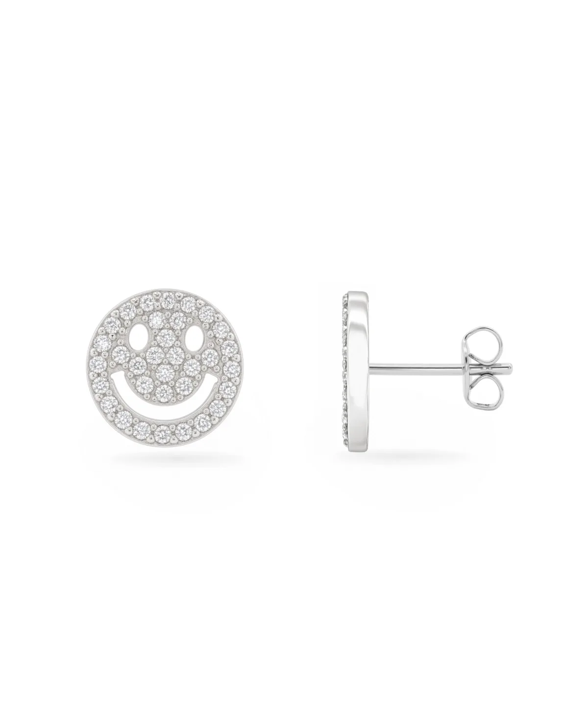 Cubic Zirconia Sterling Silver Pave Smiley Face Stud Earrings