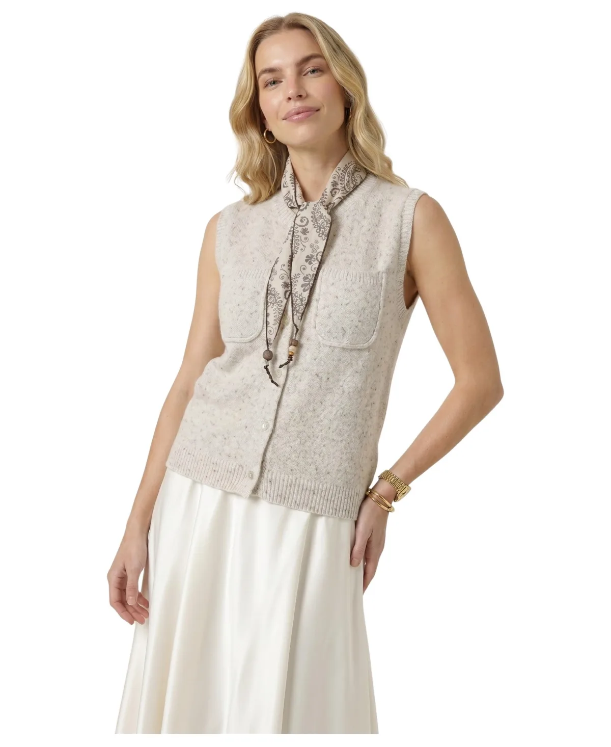 V-Neck Sleeveless Knit Cardigan Vest by Modenaire