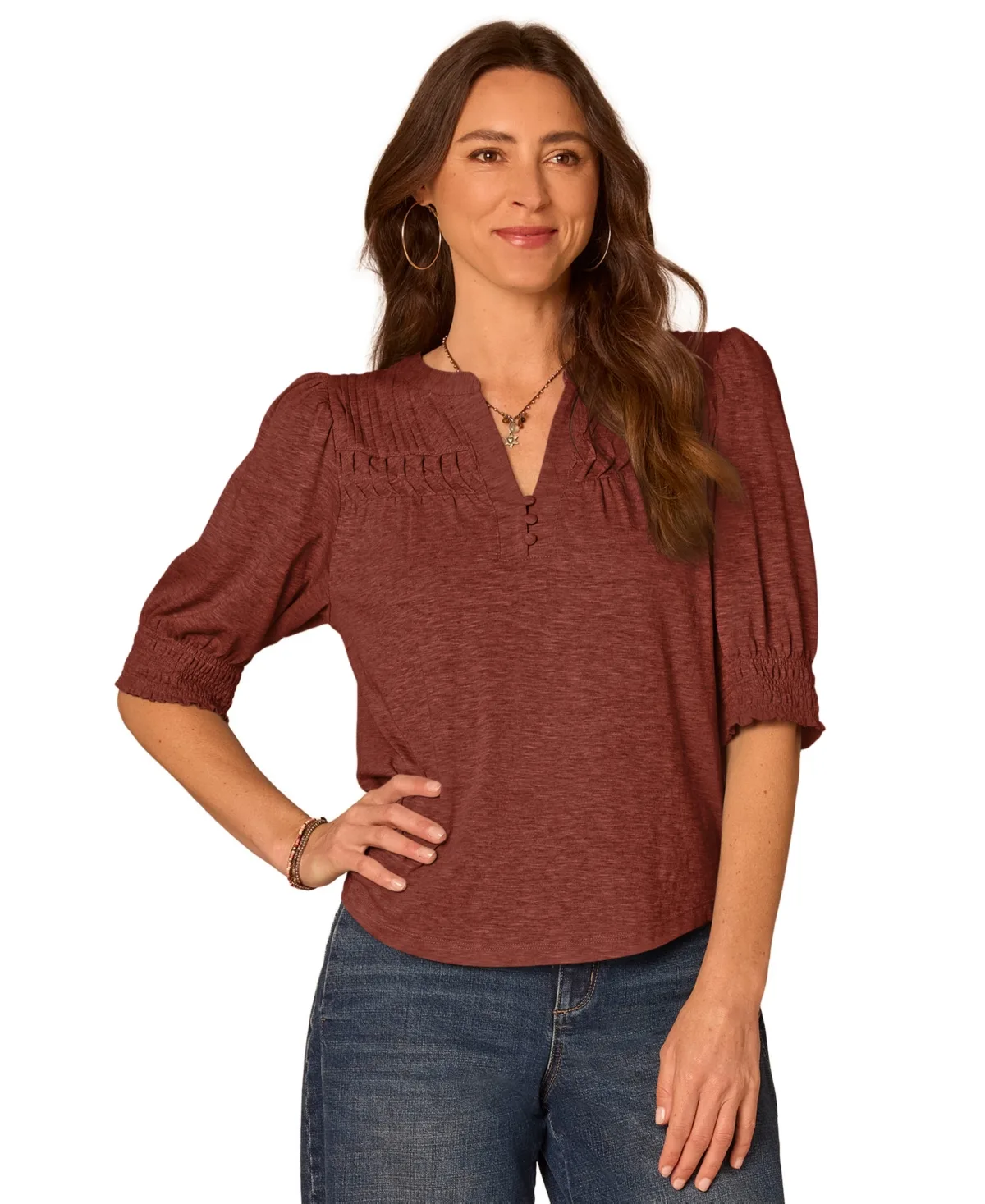 Blouson-Sleeve Mandarin Collar Knit Top