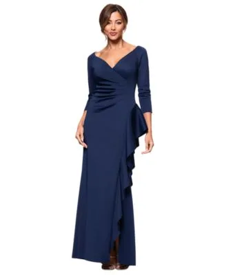 V Neck Ruffled Side Slit Scuba Gown by Xscape