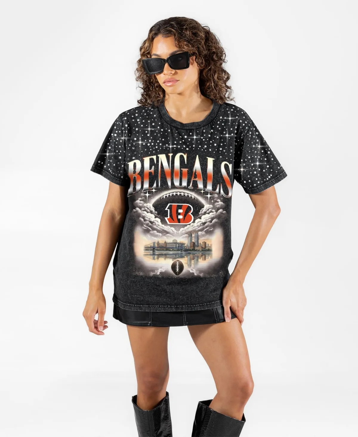 Cincinnati Bengals Skys the Limit Washed Micro Rhinestone T-Shirt