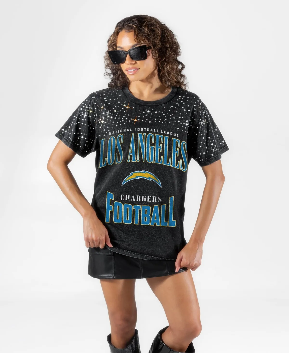 Los Angeles Chargers in the Zone Washed Micro Rhinestone T-Shirt