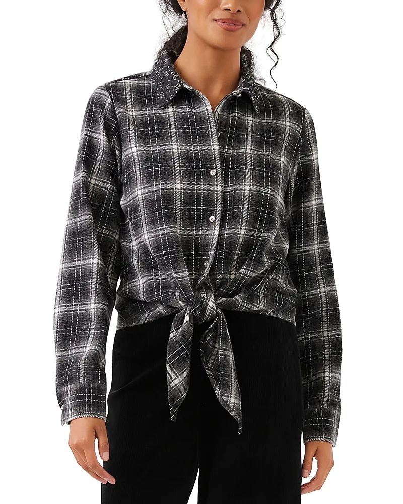 Plaid Tie Front Embellished Collar Shirt by Karen Kane