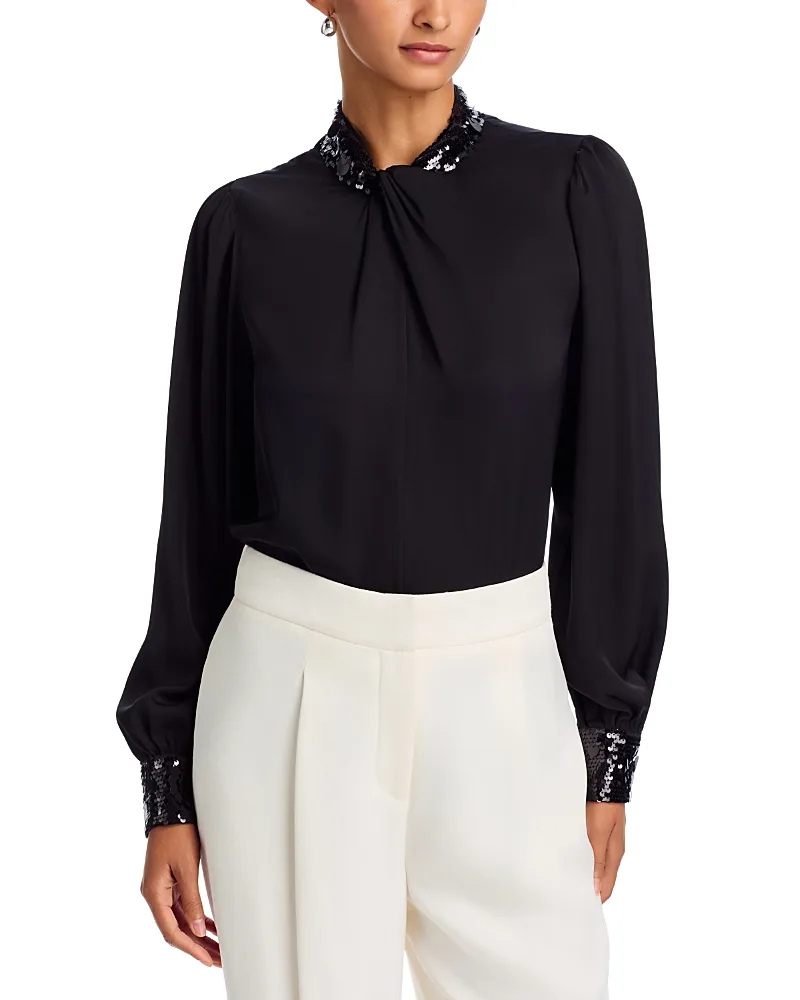 Amira Silk Stretch Sequin Trim Shirt by Elie Tahari