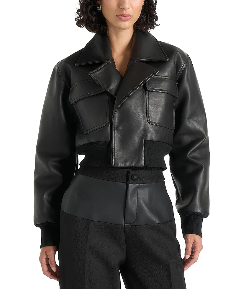 Cosette Leather Lapel Bomber Jacket by Maniere De Voir