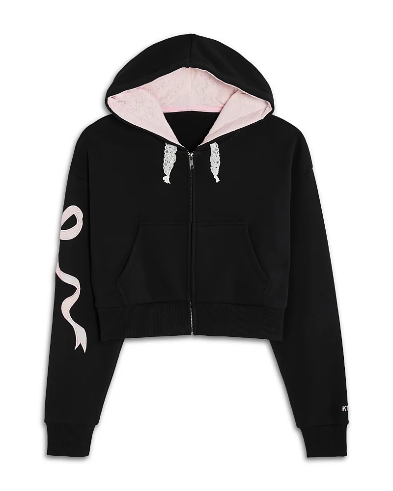 Dylan Bow Applique Cropped Zip Hoodie by Katiejnyc