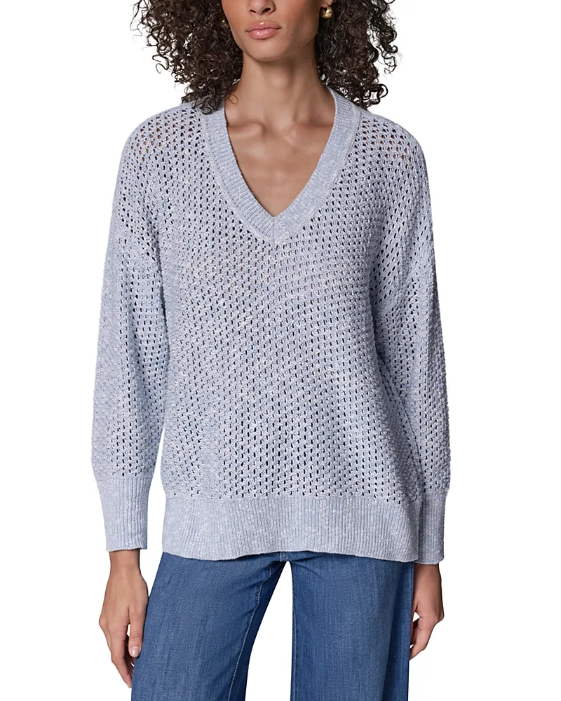 Cotton Slub Lurex Open Stitch V Neck Sweater