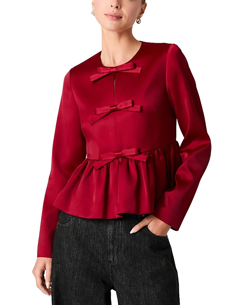 Carey Satin Bow Embellished Peplum Top by French Connection
