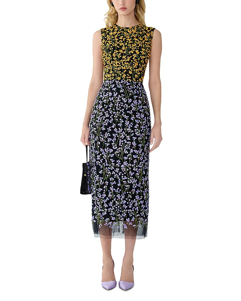 Embroidered Floral Sleeveless Midi Dress by Carolina Herrera