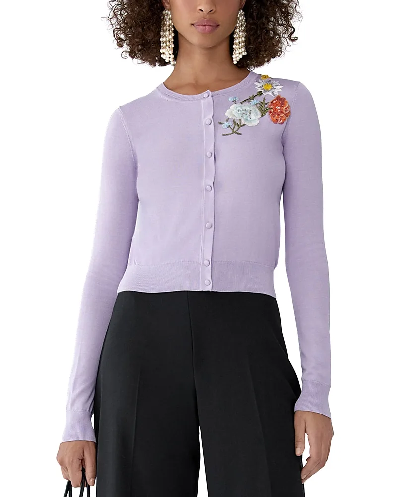 Embroidered Silk Crewneck Cardigan by Carolina Herrera
