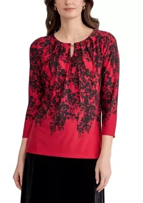 3/4 Sleeve Pleat Keyhole Neck Top by Kasper