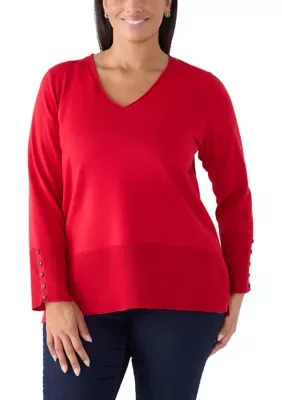 V-Neck Button Cuff Sweater by Cable & Gauge