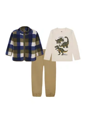 Palid Dino Graphic Long Sleeve Shirt and Pants Set with Plaid Jacket by Kids Headquarters