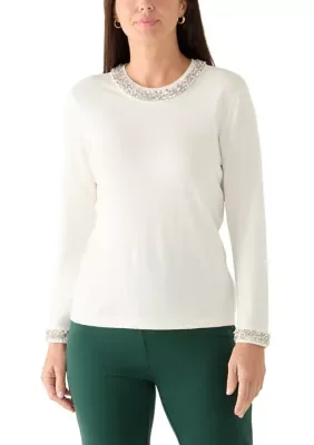 Rhinestone Neckline Sweater by Anne Klein