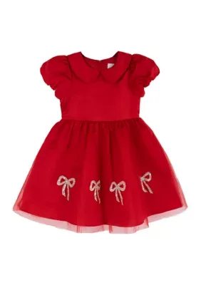 Short Sleeve Satin Mesh Bow Dress by Rare Editions