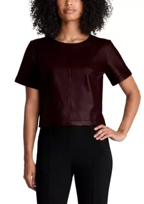 Short Sleeve Faux Leather Crop T-Shirt by Kenneth Cole