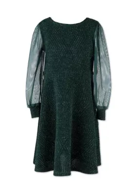 Glitter Knit Sheer Sleeve Skater Dress by Speechless