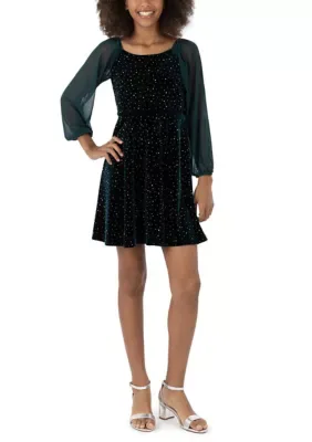 Dew Drop Velvet Dress with Sheer Sleeves by Speechless