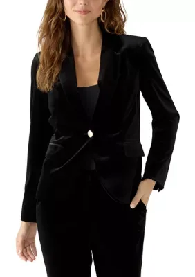 One-Button Notch Collar Velvet Blazer