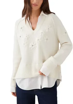 Rhinestone Embroidered Flower Layered Sweater by Karen Kane