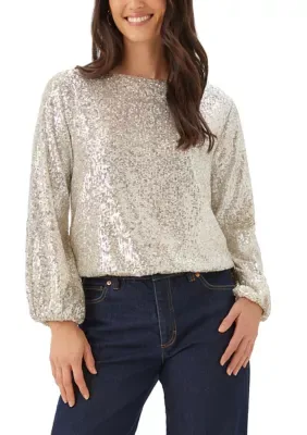 Sequin Blouson Sleeve Boatneck Top by Karen Kane